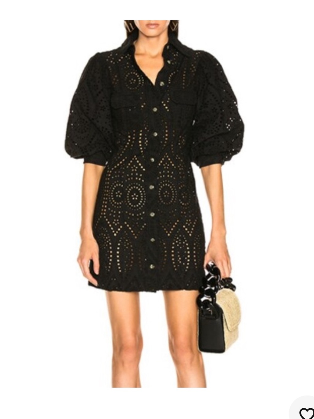 Ganni Eyelet Black Mini Dress w/ puff sleeve
